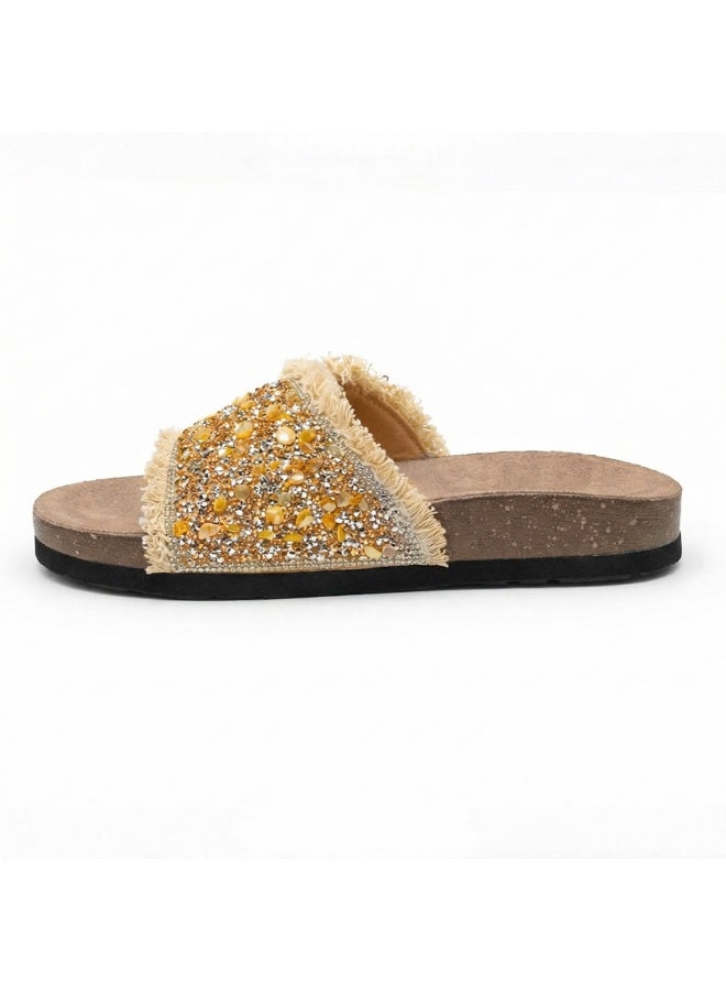 Women's slippers adorned with gold crystals and a metal buckle - Image 3