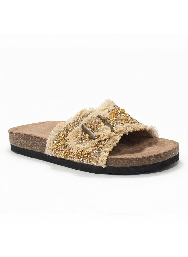 Women's slippers adorned with gold crystals and a metal buckle - Image 4