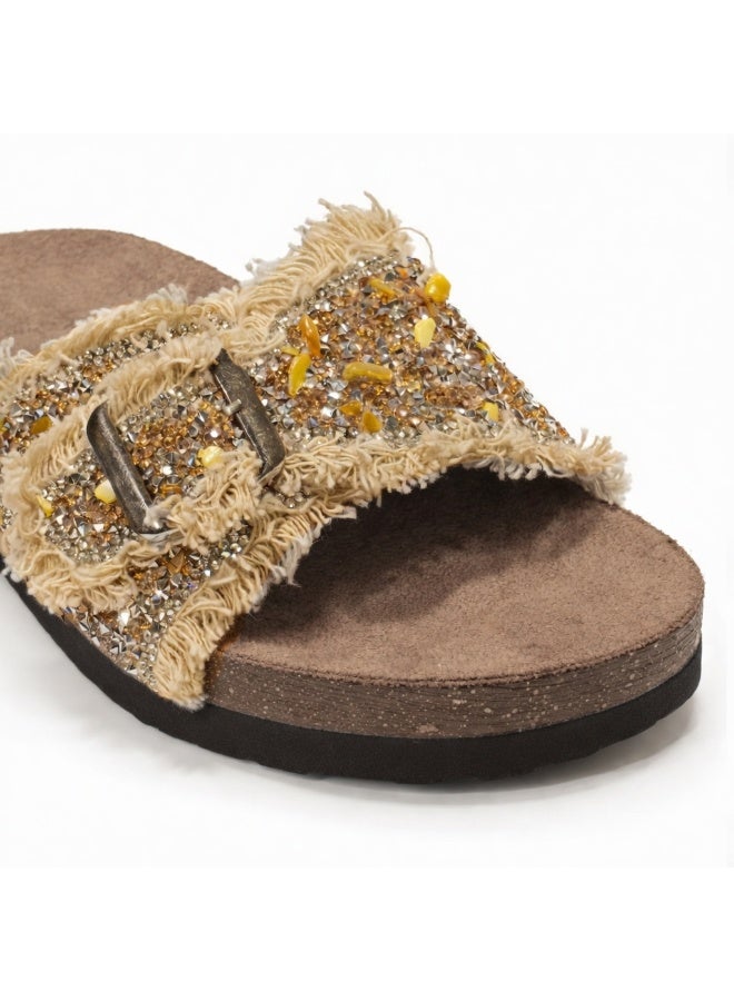 Women's slippers adorned with gold crystals and a metal buckle - Image 5