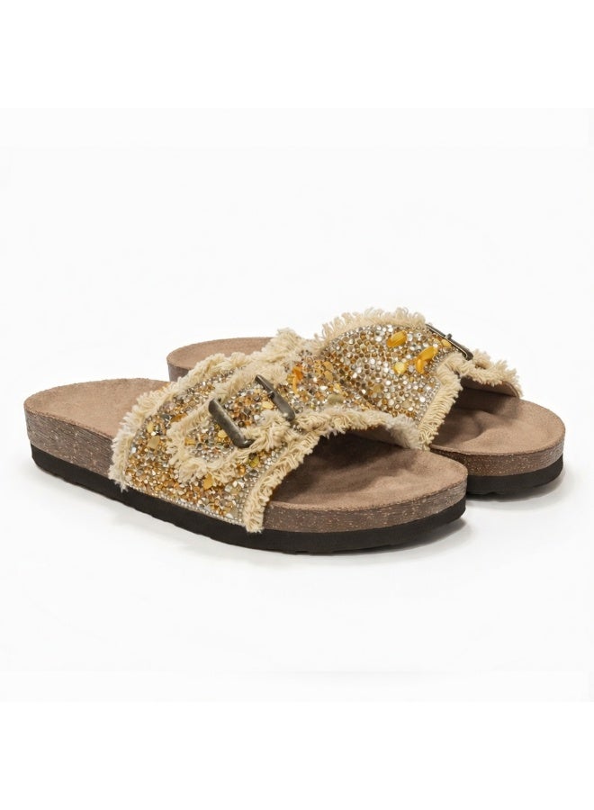 Women's slippers adorned with gold crystals and a metal buckle - Image 1