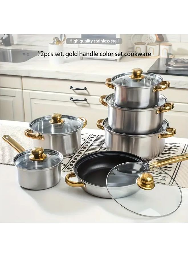12 Piece Stainless Steel Cookware Set 6 Pots 6 Lids with Golden Handles Suitable for All Stoves - Image 2