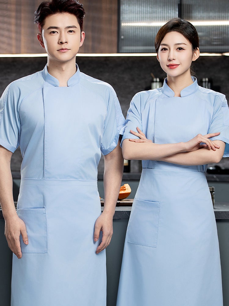 Xiaoqing New Sky Blue Polyester Cotton Shoulder Sleeve Breathable Net Chef Work Clothes Short Sleeve Summer Dining Kitchen For Men And Women - Image 4
