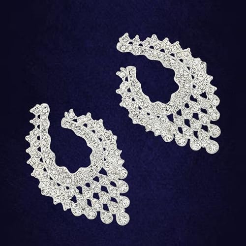 Touchstone Indian bollywood traditional artistic workmanship studded diamond look style defining white rhinestones designer jewelry earrings in white tone for women. - Image 5