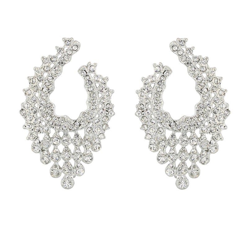 Touchstone Indian bollywood traditional artistic workmanship studded diamond look style defining white rhinestones designer jewelry earrings in white tone for women. - Image 1
