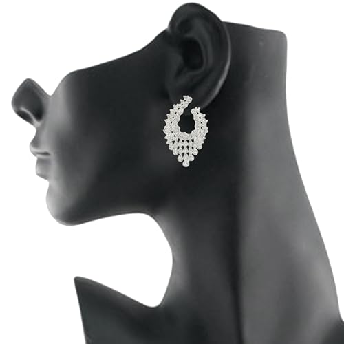 Touchstone Indian bollywood traditional artistic workmanship studded diamond look style defining white rhinestones designer jewelry earrings in white tone for women. - Image 2