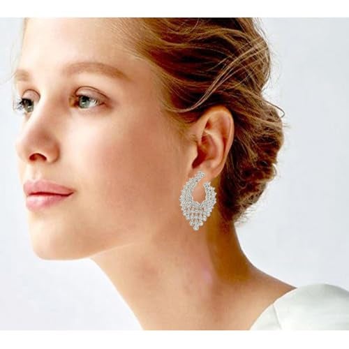 Touchstone Indian bollywood traditional artistic workmanship studded diamond look style defining white rhinestones designer jewelry earrings in white tone for women. - Image 4