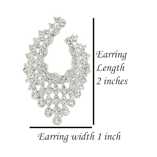 Touchstone Indian bollywood traditional artistic workmanship studded diamond look style defining white rhinestones designer jewelry earrings in white tone for women. - Image 3