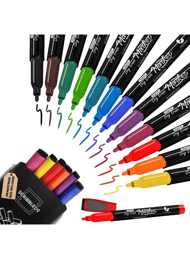 سكريبل دو أقلام تحديد مغناطيسية قابلة للمسح الجاف، برأس رفيع، ألوان متنوعة، رائحة منخفضة، مع غطاء ممحاة، أقلام تحديد رقيقة للسبورة البيضاء للبالغين والطلاب والمعلمين والأطفال (عبوة من 12 قطعة) - Image 1