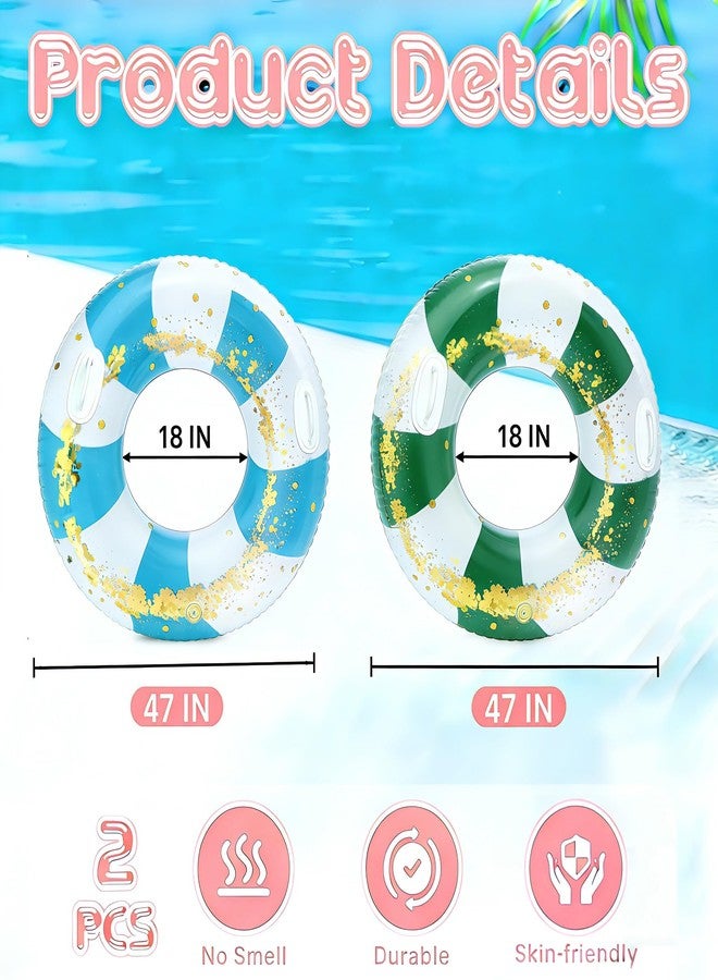 WAYTOSUC 2PCS XL Inflatable Pool Float,47IN Floaties Rafts for Adults Floating Lounger Sun Tanning Big Inflatable Round Floats Cool Water Floaty Swimming Lake Beach Party(TM-Blue&Green Striped) - Image 2