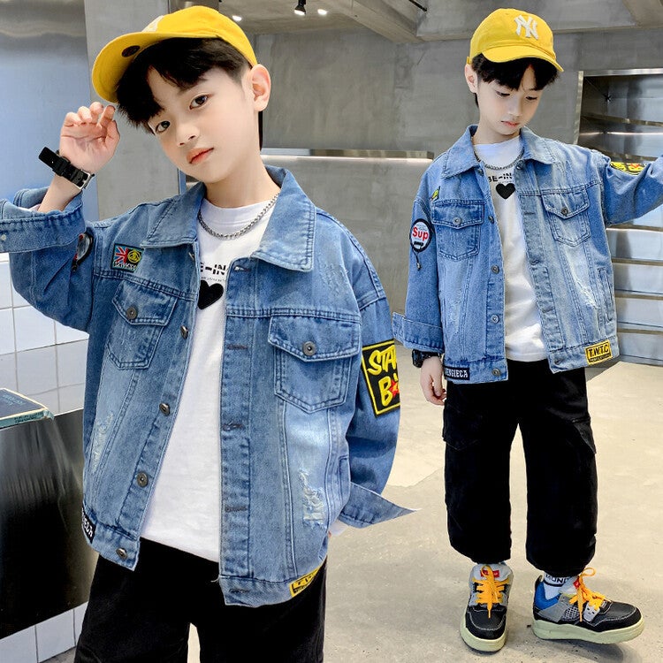 Boys' Denim Jacket Korean Style Children'S Autumn Denim Coat Trendy Top For Older Kids - Image 3