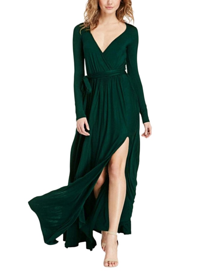 NIBEMINENT Plunge Neck Wrapped Tie Waist Slit Hem Maxi Dress Green - Image 1