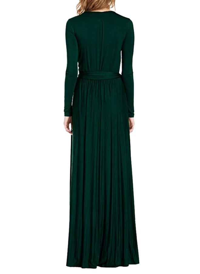 NIBEMINENT Plunge Neck Wrapped Tie Waist Slit Hem Maxi Dress Green - Image 2