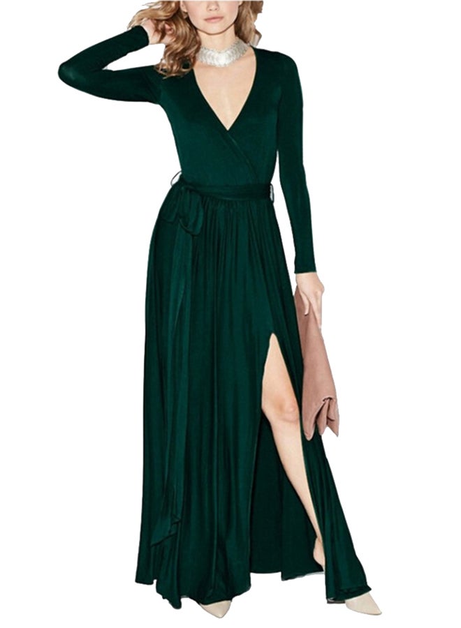 NIBEMINENT Plunge Neck Wrapped Tie Waist Slit Hem Maxi Dress Green - Image 4