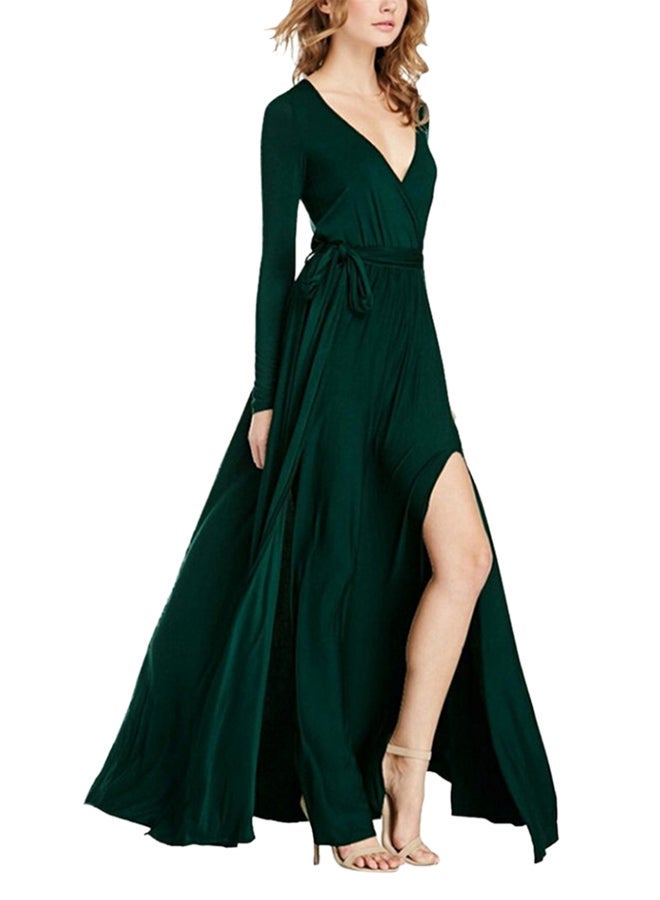NIBEMINENT Plunge Neck Wrapped Tie Waist Slit Hem Maxi Dress Green - Image 3