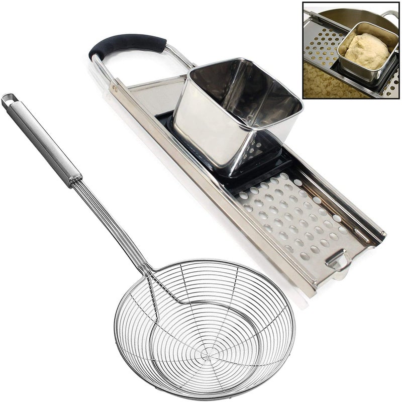 Premium Grade Stainless Steel Spaetzle Maker with Comfort Grip Handle Stainless Steel Spider Strainer Skimmer Spoon Pasta Strainer Homemade Traditional German Egg Noodle Dumpling Making Tool Set