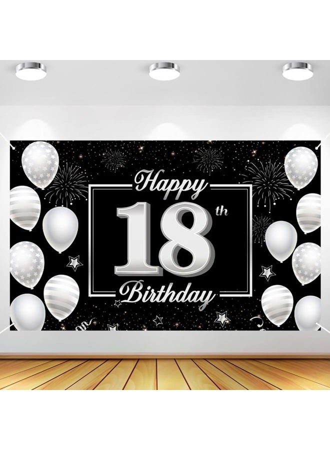 Huture 18th Happy Birthday Backdrop Banner,18th Birthday Decorations for Boys Girls Black Silver Birthday Backdrop Banner Party Decor for Anniversary Birthday Photo Booth Background Decoration - Image 1