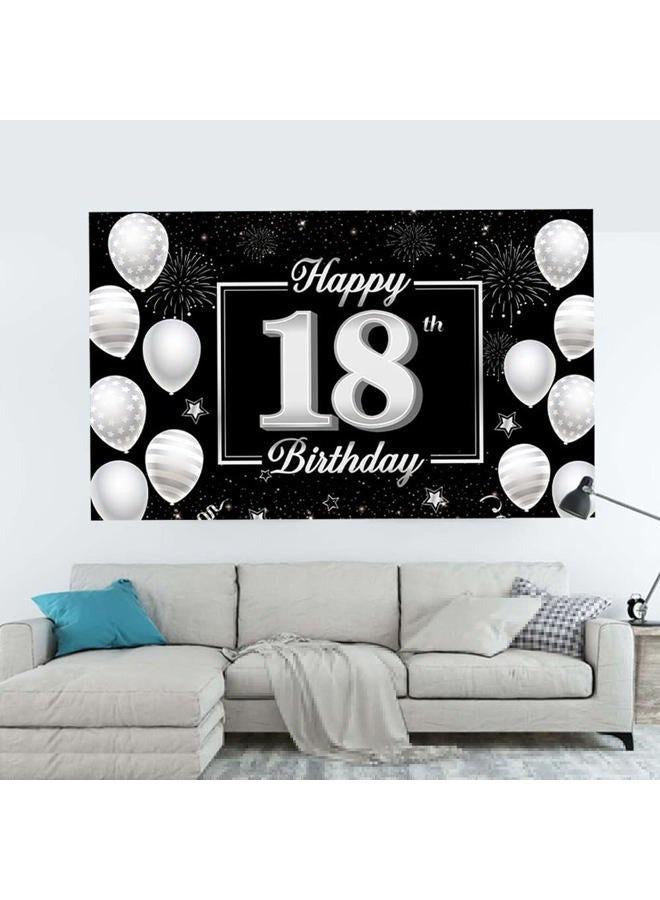 Huture 18th Happy Birthday Backdrop Banner,18th Birthday Decorations for Boys Girls Black Silver Birthday Backdrop Banner Party Decor for Anniversary Birthday Photo Booth Background Decoration - Image 3