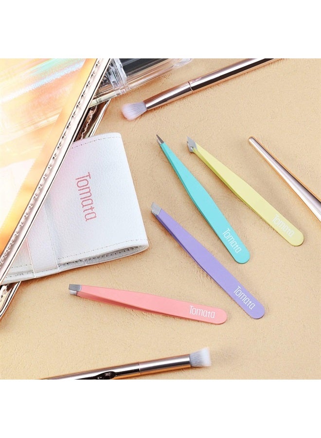Tomata Tweezers for Eyebrows, Slant Tip and Pointed Eyebrow Tweezer Set Great Precision for Eyebrows Facial Hair, Ingrown Hair, Splinter, Blackhead and Tick Remover (4-piece) (Multi-color) - Image 2