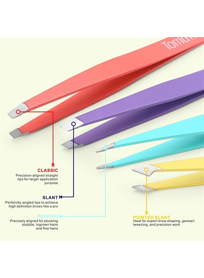 Tomata Tweezers for Eyebrows, Slant Tip and Pointed Eyebrow Tweezer Set Great Precision for Eyebrows Facial Hair, Ingrown Hair, Splinter, Blackhead and Tick Remover (4-piece) (Multi-color) - Image 1