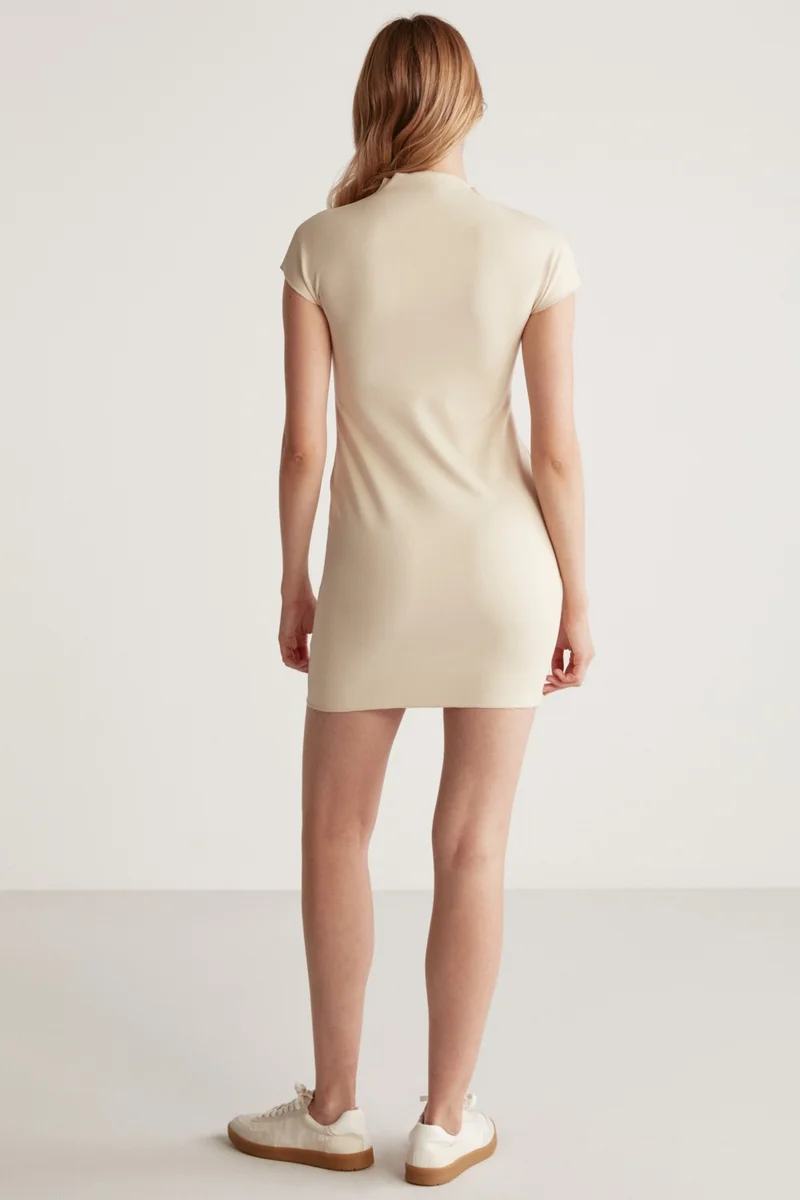 GRIMELANGE Estelle Women's Crepe Knitted Stretchy Fabric Body-hugging Mini Stone Color Dress