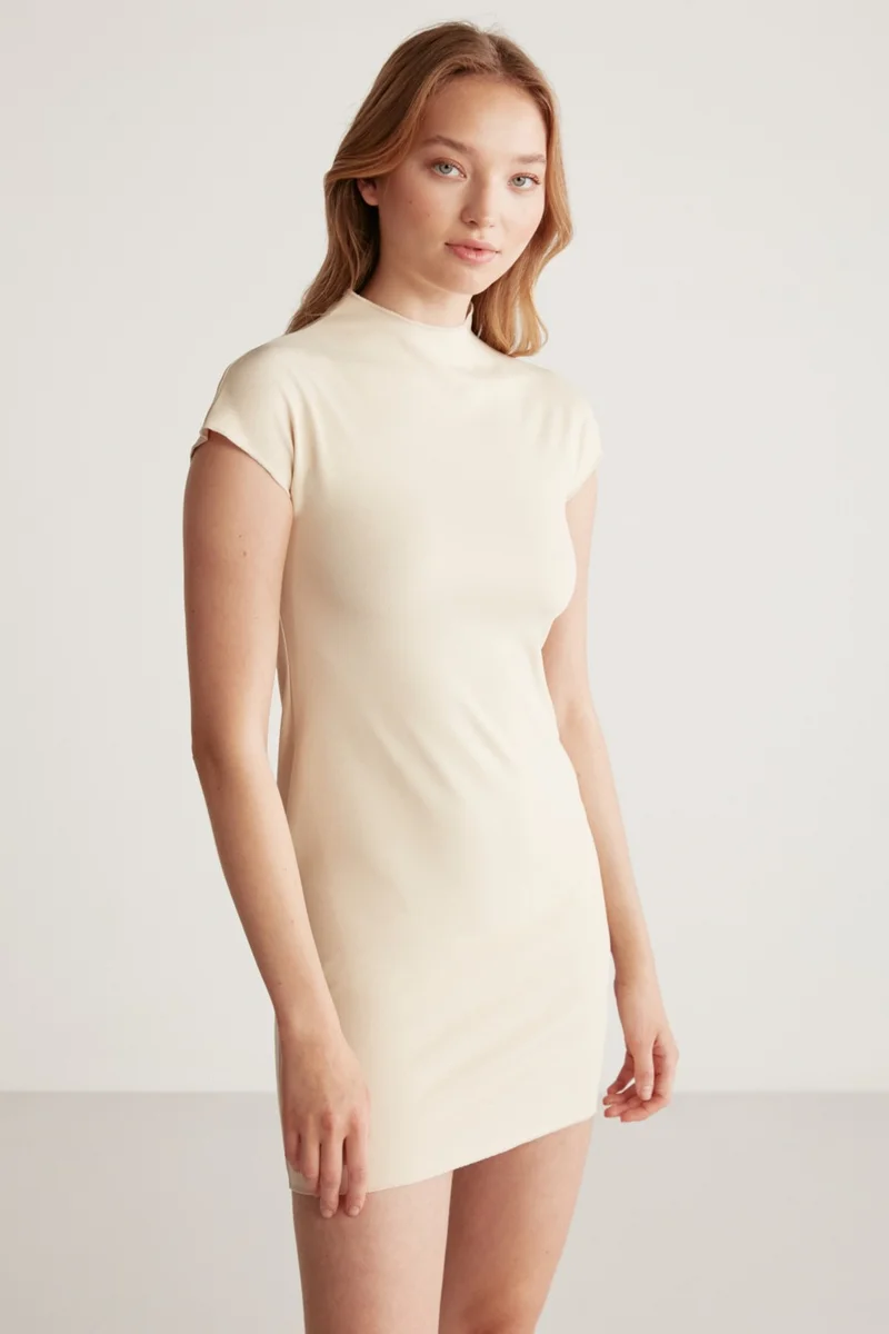 GRIMELANGE Estelle Women's Crepe Knitted Stretchy Fabric Body-hugging Mini Stone Color Dress
