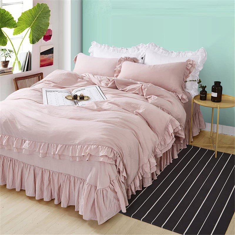 MOOWOO Ruffle Duvet Cover Set Soft and Breathable Washed Microfiber 3pcs Bedding Set Shabby Chic Farmhouse Duvet Cover and Pillow Shams Zipper Closure  Corner Ties Easy Care  Queen Pink
