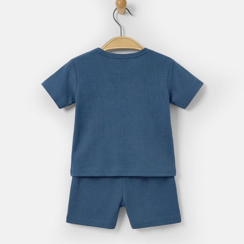 Babies Basic Ribbed Cotton Short Sleeves T-shirt and Plain Shorts Set, Blue - Image 5