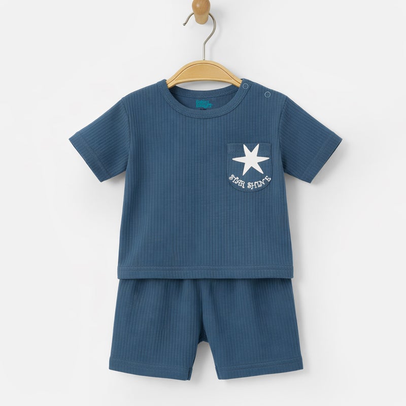 Babies Basic Ribbed Cotton Short Sleeves T-shirt and Plain Shorts Set, Blue - Image 4