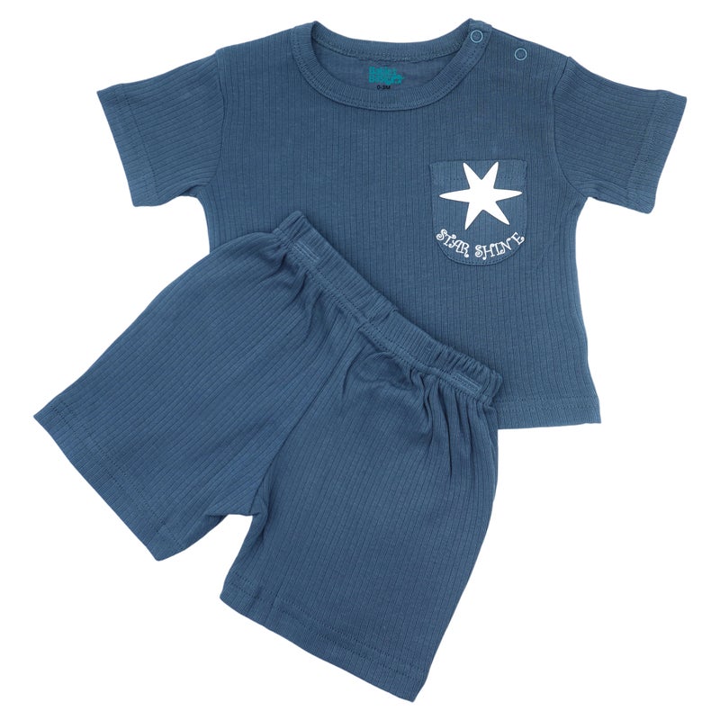Babies Basic Ribbed Cotton Short Sleeves T-shirt and Plain Shorts Set, Blue - Image 1