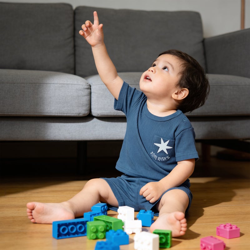 Babies Basic Ribbed Cotton Short Sleeves T-shirt and Plain Shorts Set, Blue - Image 2