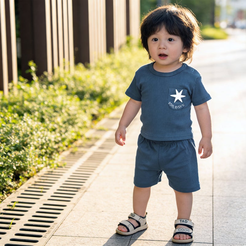 Babies Basic Ribbed Cotton Short Sleeves T-shirt and Plain Shorts Set, Blue - Image 3