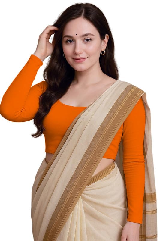 JOVO Readymade Cotton Fitted Saree Blouse for Women Full Sleeve Square Round U Neck Regular fit Stretchable Pullon Western Stylish Crop Top NJ17 1059 M ORG Orange - Image 1