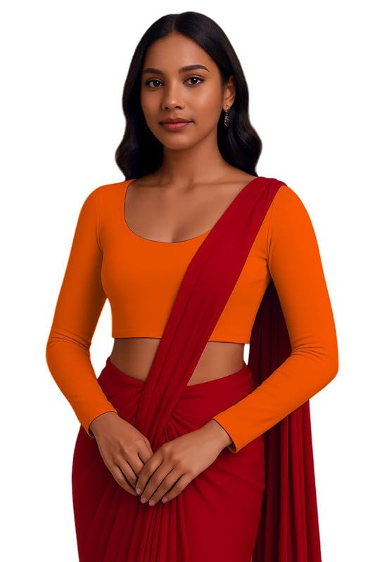 JOVO Readymade Cotton Fitted Saree Blouse for Women Full Sleeve Square Round U Neck Regular fit Stretchable Pullon Western Stylish Crop Top NJ17 1059 M ORG Orange - Image 3