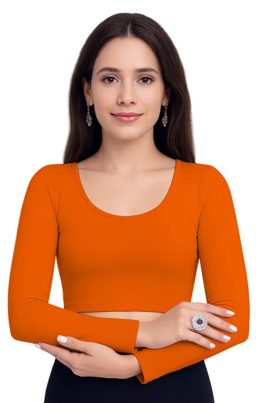JOVO Readymade Cotton Fitted Saree Blouse for Women Full Sleeve Square Round U Neck Regular fit Stretchable Pullon Western Stylish Crop Top NJ17 1059 M ORG Orange - Image 4