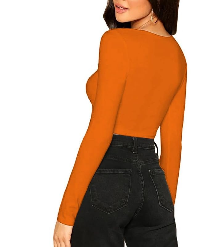JOVO Readymade Cotton Fitted Saree Blouse for Women Full Sleeve Square Round U Neck Regular fit Stretchable Pullon Western Stylish Crop Top NJ17 1059 M ORG Orange - Image 2