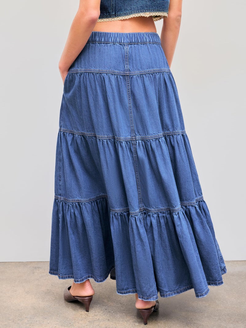 CIDER Womenâ€™s Long Jean Denim Tiered Button Down High Waisted Maxi Skirts: Mid Blue, S - Image 4