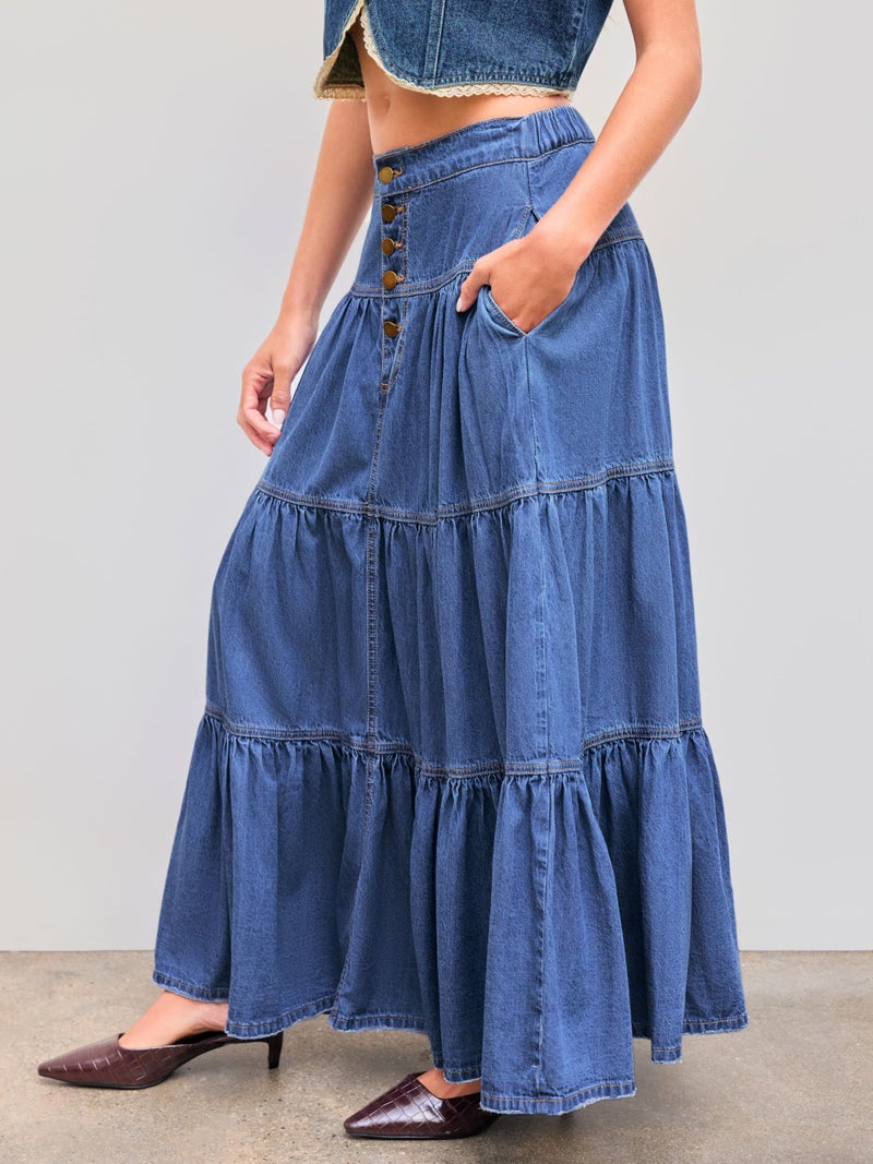 CIDER Womenâ€™s Long Jean Denim Tiered Button Down High Waisted Maxi Skirts: Mid Blue, S - Image 3
