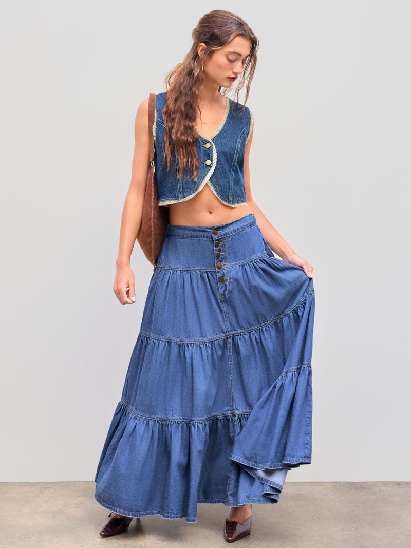 CIDER Womenâ€™s Long Jean Denim Tiered Button Down High Waisted Maxi Skirts: Mid Blue, S - Image 2