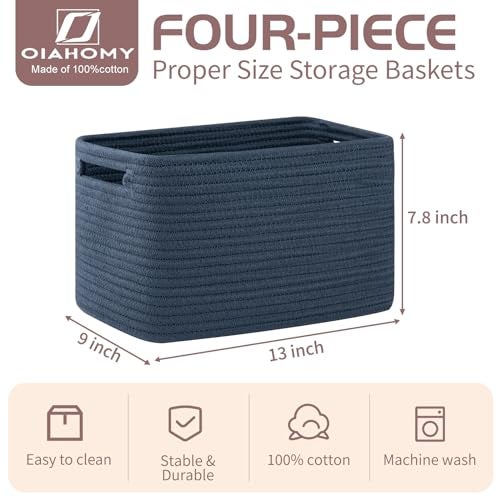 OIAHOMY 4 Pack Storage Baskets for Organizing, Cube Storage Bins for Shelves, Rectangle Storage Baskets With Handles, Woven Baskets for Storage, 12.7''Lx9''Wx7.8''H, Blue - Image 2