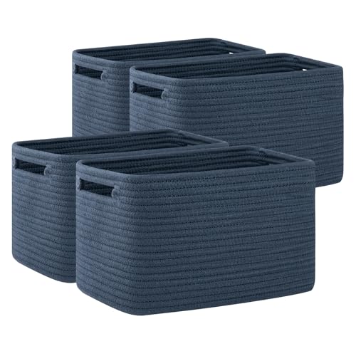 OIAHOMY 4 Pack Storage Baskets for Organizing, Cube Storage Bins for Shelves, Rectangle Storage Baskets With Handles, Woven Baskets for Storage, 12.7''Lx9''Wx7.8''H, Blue - Image 1