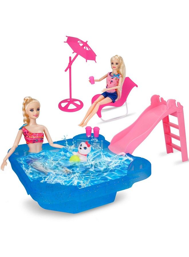 Bettina Pool Playset Glam Pool With Slide Doll Pool Accessories Includes Beach Chair Beach Umbrella Dog Swimming Pool Set For 12 Inch Dolls Bath Toys For Dolls  - Image 2