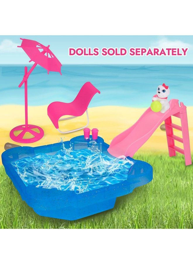 Bettina Pool Playset Glam Pool With Slide Doll Pool Accessories Includes Beach Chair Beach Umbrella Dog Swimming Pool Set For 12 Inch Dolls Bath Toys For Dolls  - Image 3
