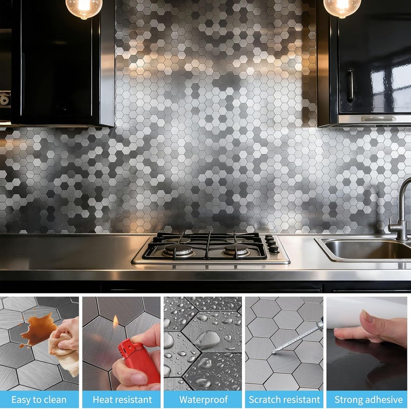 Art3d 10-Pack Self-Adhesive Metal Backsplash Peel and Stick Tile for Kitchen, 12" x 12" Silver Hexagon - Image 3