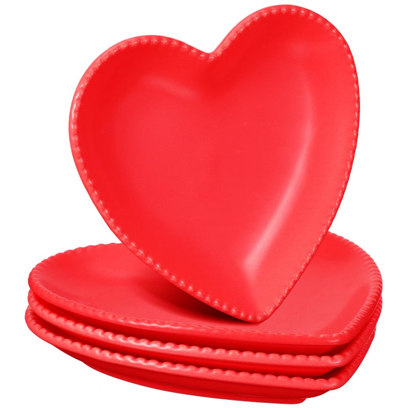 Ziliny 4 Set Heart Shaped Plates Ceramic Salad Cute Plate Set Steak Elegant Dinner Dish 6.9 Inch Dessert Tray Serving Dish Dessert Appetizer Snacks for Mother's Day Anniversary Wedding(Red) - Image 1