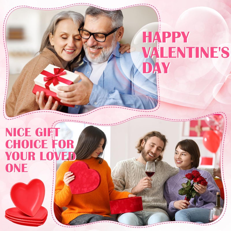 Ziliny 4 Set Heart Shaped Plates Ceramic Salad Cute Plate Set Steak Elegant Dinner Dish 6.9 Inch Dessert Tray Serving Dish Dessert Appetizer Snacks for Mother's Day Anniversary Wedding(Red) - Image 3