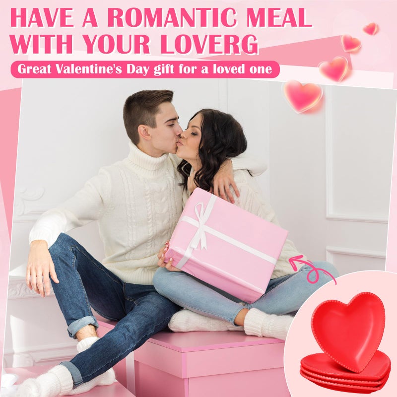 Ziliny 4 Set Heart Shaped Plates Ceramic Salad Cute Plate Set Steak Elegant Dinner Dish 6.9 Inch Dessert Tray Serving Dish Dessert Appetizer Snacks for Mother's Day Anniversary Wedding(Red) - Image 2