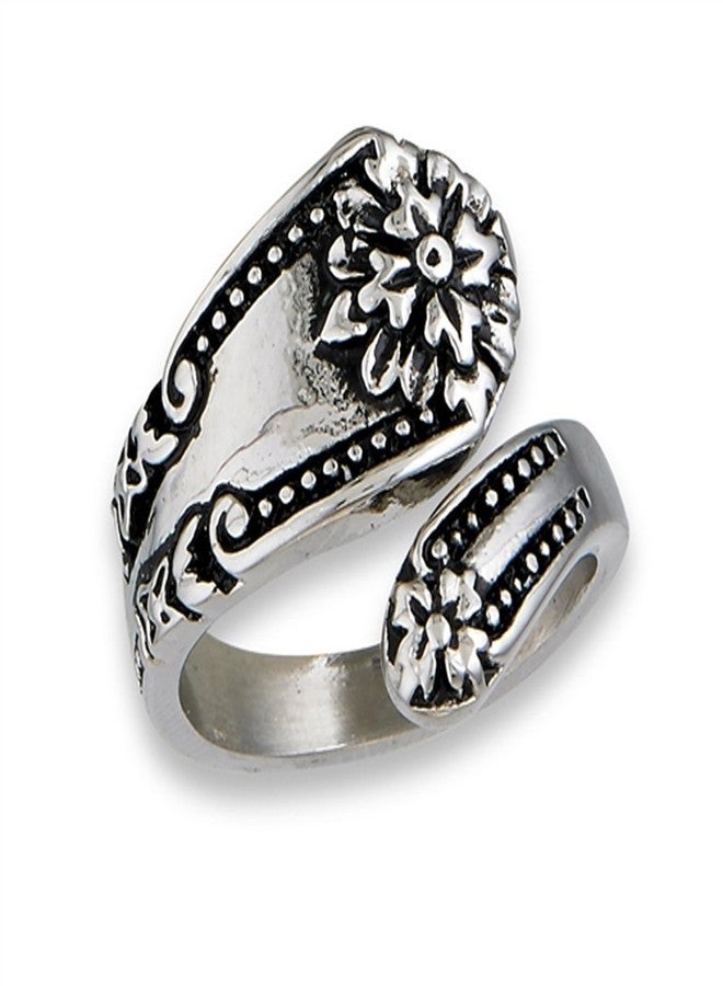 Sac Silver Victorian Flower Spoon Ring Stainless Steel Open Wrap Vintage Band Size 7 - Image 1