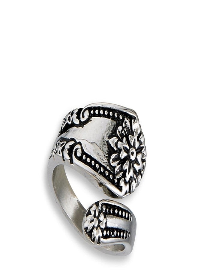 Sac Silver Victorian Flower Spoon Ring Stainless Steel Open Wrap Vintage Band Size 7 - Image 2