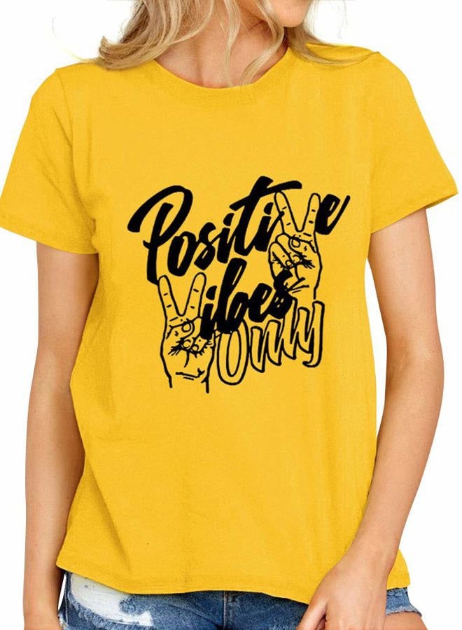 Nlife Women Positive Vibes Letter Victory Sign Short Sleeve Casual Tee Shirts, A-yellow, M - Image 2
