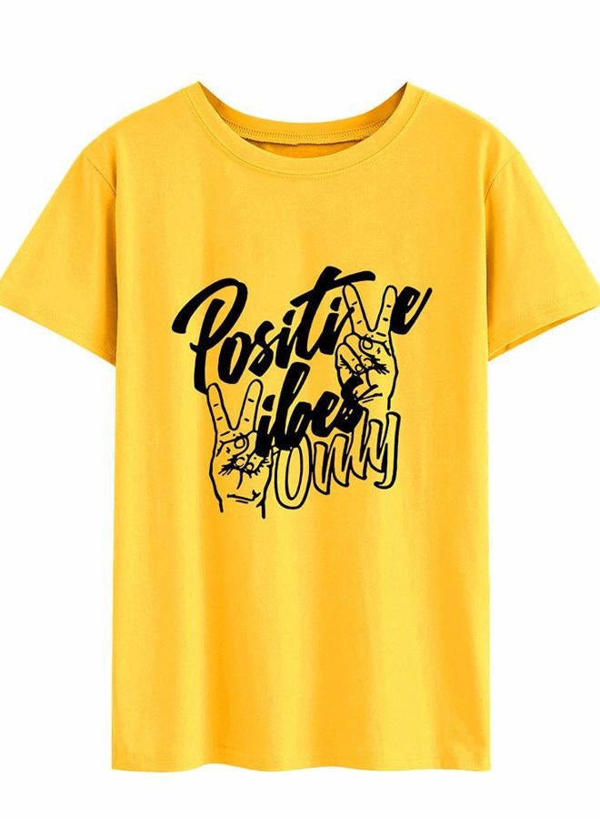 Nlife Women Positive Vibes Letter Victory Sign Short Sleeve Casual Tee Shirts, A-yellow, M - Image 3